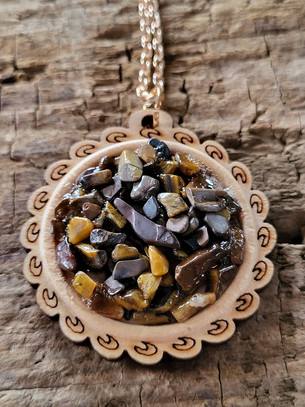 Tiger Eye Chip Pendant Necklace - Brown & Gold Stone Accent